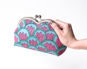 Boho Clutch Bag, Tribal Clutch Purse, Kiss Lock Purse, Metal Frame Clutch, Scandinavian Fabric, Retro, Fuchsia and Turquoise, Gifts for her
