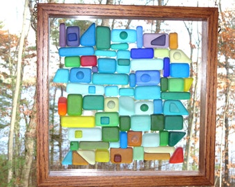 Oak framed Stained Glass Dalle de Verre window panel with a "Beach Glass" look