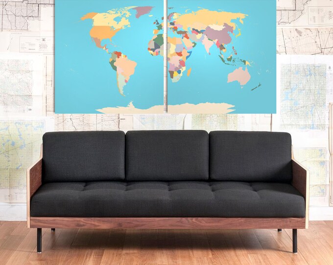 Large world map with country borders, wanderlust push pin world map, travel map, travel map of the world, home decor wall canvas printing