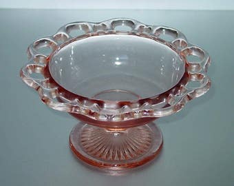 Anchor Hocking Lace Edge Pink Footed Compote, Old Colony, Depression Glass, Footed Bowl