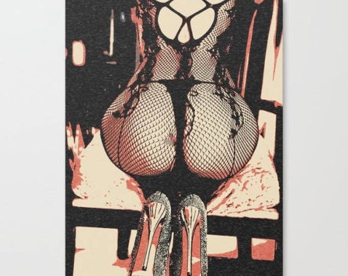 Erotic Art Canvas Print - Fishnets & Booty, unique sexy pop art style print, Perfect nude girl in seducing pose sensual high quality artwork