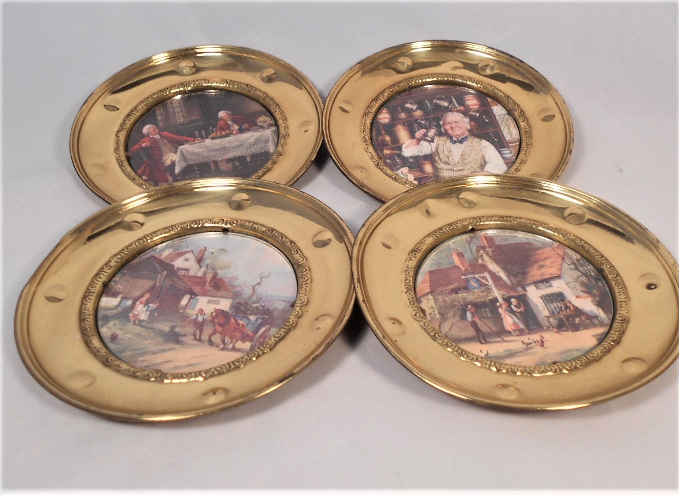 Set of 4 Vintage Plates Solid Brass Made In England Wall