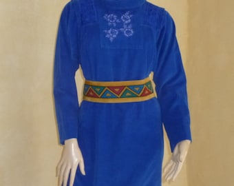 Blue dress with belt provided René DERHY cotton Velvet