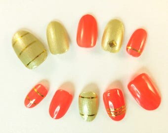 Coral, glue on nails, nail art, bling, diy nails, nail tape, stud, gold, corail, ongles, faux ongles