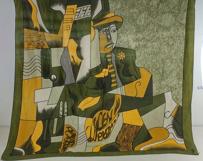Green Picasso scarf, large silk scarf in green, yellow and white featuring man with hat, wallhanging, ladies accessory, spring launch green