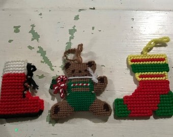 Set of 3 handcrafted vintage ornaments on plastic canvas