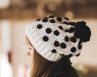 Slouchy Poka Dot Beanie--Black and White--Adult