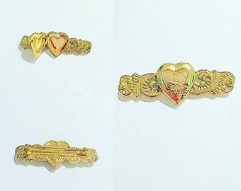 Vintage Sweetheart Locket Brooch/Gold tone locket/Victorian style bar brooch/Floral etched/1970s/1980s/The Cynthia Brooch