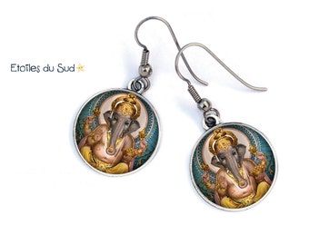 Boucles d'oreilles Ganesh, bijoux asiatiques, métal argenté/ cabochon résine/ ref.26