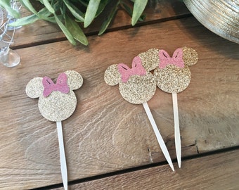 Glittered Minnie Mouse Toppers, Minnie Cupcake Toppers, Minnie Food Picks, Minnie Mouse Party, Gold Minnie Mouse Cupcake Toppers
