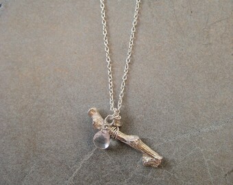 Silver branch necklace, twig pendant necklace, sterling silver necklace, rose quartz necklace, silver clay jewellery, So You Jewellery