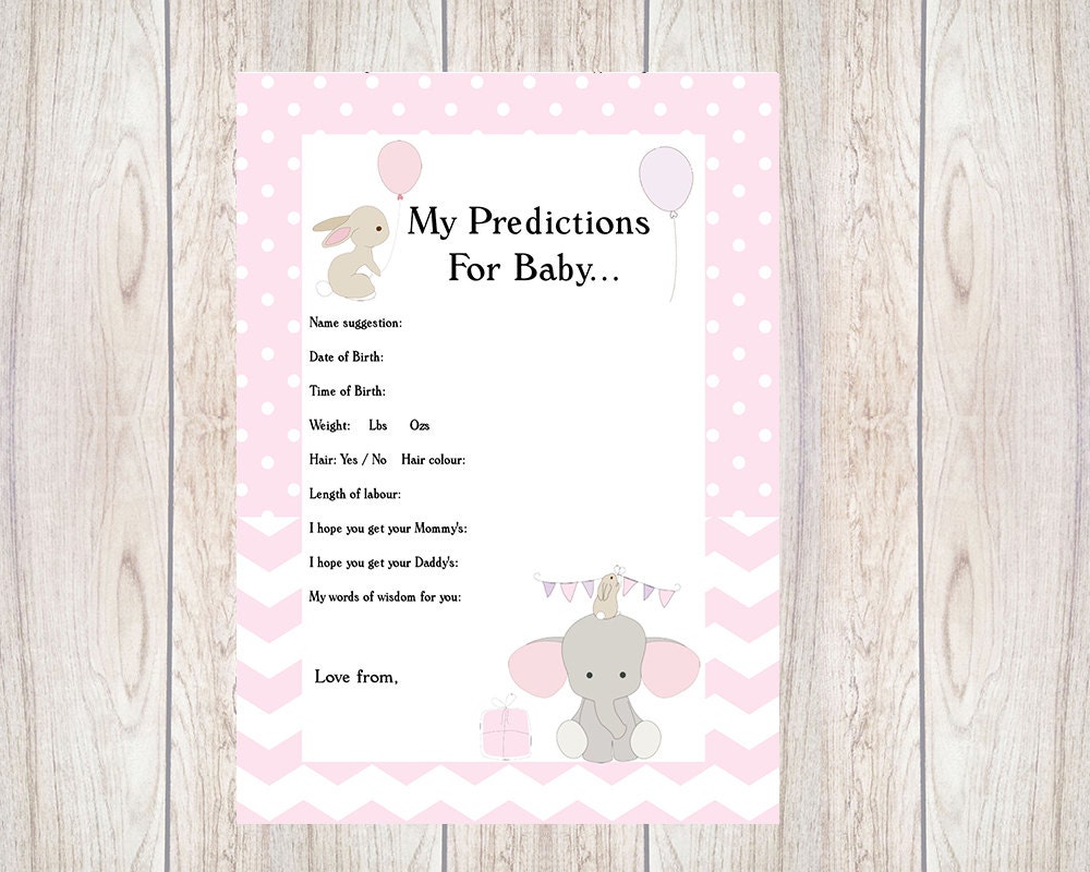 Baby Predictions ElephantPinkGirlBunnyPrintableInstant