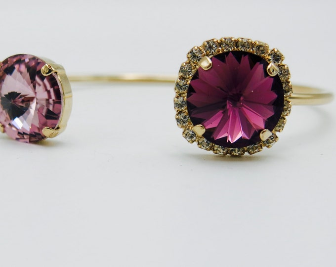 Light purple and dark purple amethyst slim open cuff bangle Swarovski crystal bangle cuff bracelet jewelry