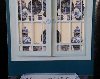 Happy Birthday-Blue and White China Cabinet with Opening Doors-Grandmother-Nanna-Mum-Sister-Aunt-Friend-Grandfather-Male-Female