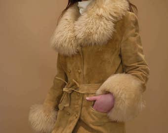 Suede Leather Faux Fur Trim Tie Waist 70's Penny Lane Coat