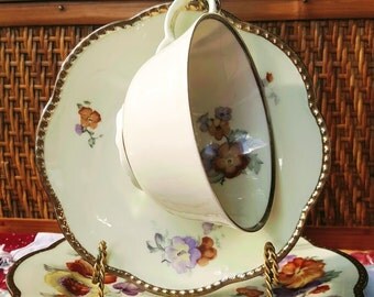 Vintage German Teacup Trio from Schumann Bavaria Floral on Ivory Matte Gold Scalloped Rim Tea cup Saucer Dessert Plate