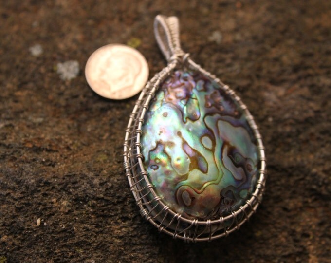 Abalone Shell Bead Silver Wire Wrap Pendant; Wire Weave Ocean Beach Jewelry, Earthy BoHo Hippie Necklace, Colorful Blue, Green & Purple