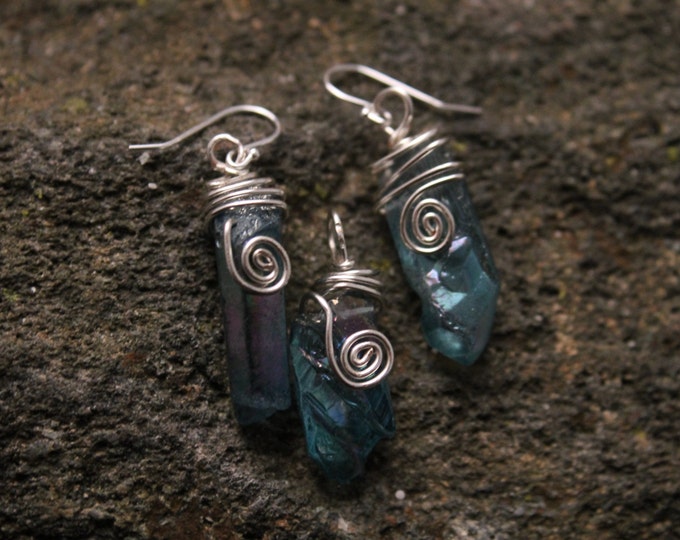 Blue Aqua Aura Crystal Earrings and Pendant Set Wire Wrapped in Twisted Sterling Silver Wire with Spiral Accent