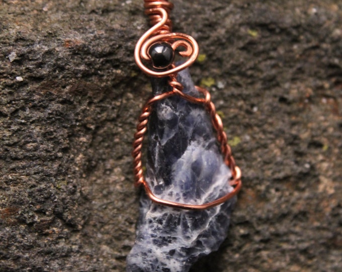 Sodalite Pendant Necklace w/ Twisted Copper Wire Wrap Swirl Accent w/ Hematite Bead Natural Blue Stone Rough Mineral Mens and Ladies Jewelry
