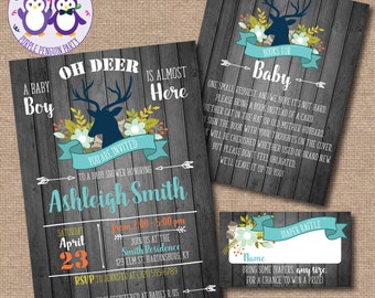 Rustic Wood Oh Deer Baby Shower Invitation Boy Girl Gender Neutral Book Request & Diaper Raffle Cards