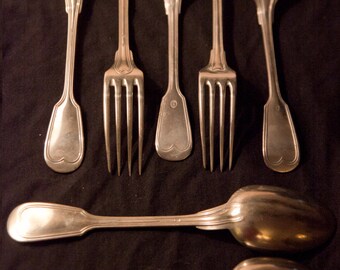 SUMMER SALE!!! Christofle Chinon type spoon & fork late 1800's Krupp Berndorf (3 pieces) and Unidentified Maker (4 pieces)