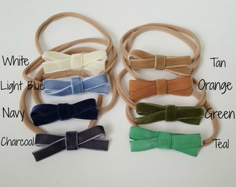 Cute Velvet Bow Nylon Headband or Clip - White, Light Blue, Navy, Charcoal, Tan, Orange, Green, Teal
