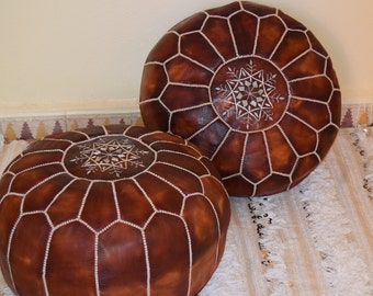 Set of 2 Leather poufs, ottoman luxury tanned oiled floor poufs, moroccan home decor 16" tall