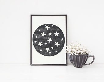 Moon print, linocut, Outer space print, galaxy print, moon and stars print, celestial, nursery wall art, A4 Art Print, Black and White