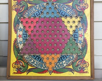Vintage Retro 1938 King-Fuu King-Foo Checkee 'Melican Checkee CHINESE CHECKERS board made in Detroit, MI