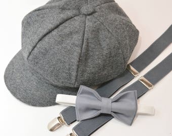 Bow Tie Suspenders Newsboy Cap Hat / Medium Gray Bow Tie / Charcoal Gray Suspenders / Kids Baby Page Boy Outfit Set / size 8mon - 10 Years