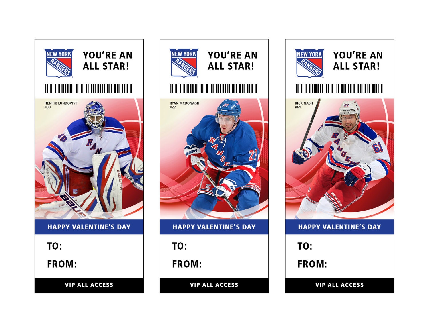 New York Rangers Hockey Valentine's Day Card Ticket Printable Instant
