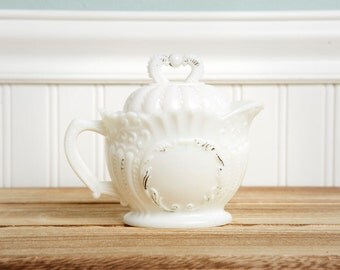 Milk Glass Creamer White Creamer-white glass-Westmoreland Flute and Crown Design | Antique Vintage Milk Glass Covered Bowl