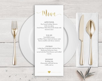 Gold Menu Template, Faux Gold Wedding Menu Card Template, Gold Calligraphy Wedding Menu Gold, Wedding Menu Printable, Faux Gold Foil Menu