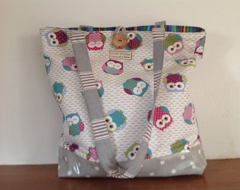 Rustic Charms Bags lovely owl design with co ordinating grey canvas back and straps with wipe clean oil cloth base