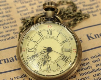 Pocket Watch Vintage Bronze Dial Roman Number Chain