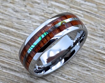 Men's Tungsten Ring with Abalone Inlay, Hawaiian Koa Wood 8mm Comfort Fit Wedding Band