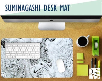 Suminagashi Desk Mat with Available Custom Monogram - 2 Sizes - High Quality Digital Print, Extended Mouse Pad - Desk Accessory