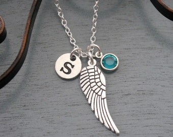 Angel Wing Initial Necklace, Personalized Angel Wing Necklace, Memorial Necklace, Remembrance Necklace, Silver Wing Necklace, Custom