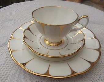 Vintage Royal Vale tea cup and saucer - Trio Tea Set White / Gold Daisy Pattern Afternoon Bone China