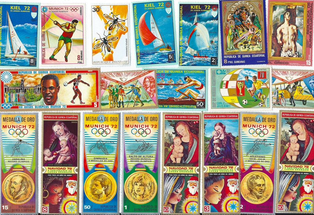 20 giant postage stamps from various countries around the