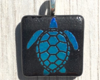 Dichroic Fused Glass Pendant - Blue Green Laser Engraved Etched Turtle Pendant