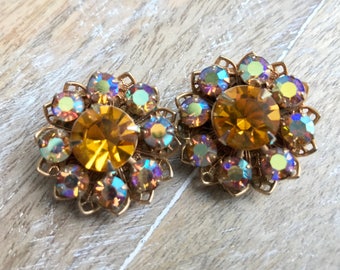 Beautiful Vintage Iridescent Amber Rhinestones & Gold-tone Floral Clip-on Earrings