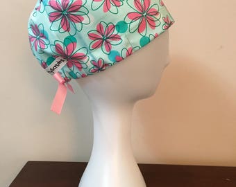 NattyScrubs Teal and Pink Spring Flower Scrub Hat, Surgical Cap, Scrub Cap