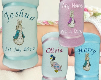 Personalised Peter Rabbit Baby Blanket Jemima Puddle Duck Boys Girls Soft Gift 20 Colour options Pink Blue White Cream