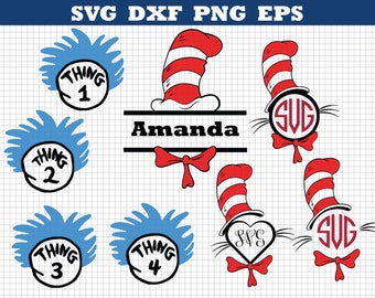 Dr Seuss Svg, Seuss Monogram Svg, Cat In The Hat Svg,Thing one svg,Thing two svg ,Cutting file, Cricut Files, Silhouette Files,Dr seuss