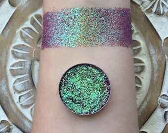 Lava storm iridescent pressed glitter eyeshadow, 26mm magnetic pan or jar, cosmetic grade glitter, red and green shifting colors