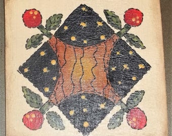 Hand Painted OOAK Wood Magnet Quilt Cherry