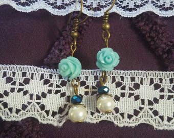 Blue Rose and Pearl Earrings