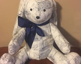 Blue/White Nautical Print Stuffed Animal, Bunny Rabbit with Bow