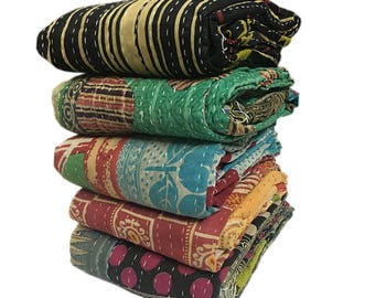 Maniona - 5 Pieces Mix Lot of Indian Tribal Kantha Quilts Vintage Cotton Bed Cover Throw made from old Saree Free Shipping Bed Spread